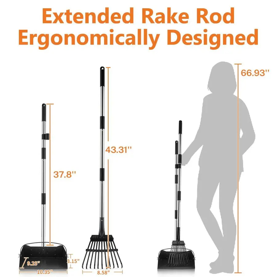 Dog Pooper Scooper with Extra Large Stainless Metal Poop Tray, Long Handle Rake Scoop for Easy Waste Cleanup