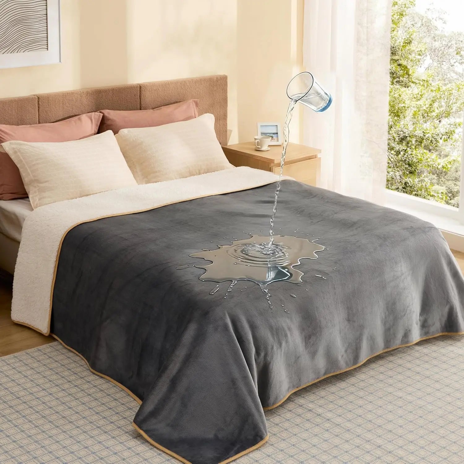 Waterproof Sherpa Fleece Pet Blanket for Large Dogs. Reversible Furniture Protector. Queen Size Grey