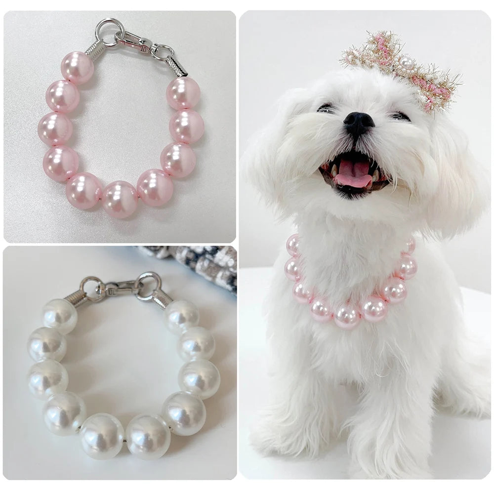 0.7" Imitation Pearl Big Dog Collar Lightweight Necklace for Large Dogs Stainless Steel Wire Rope Girl Pet Wedding Accessories