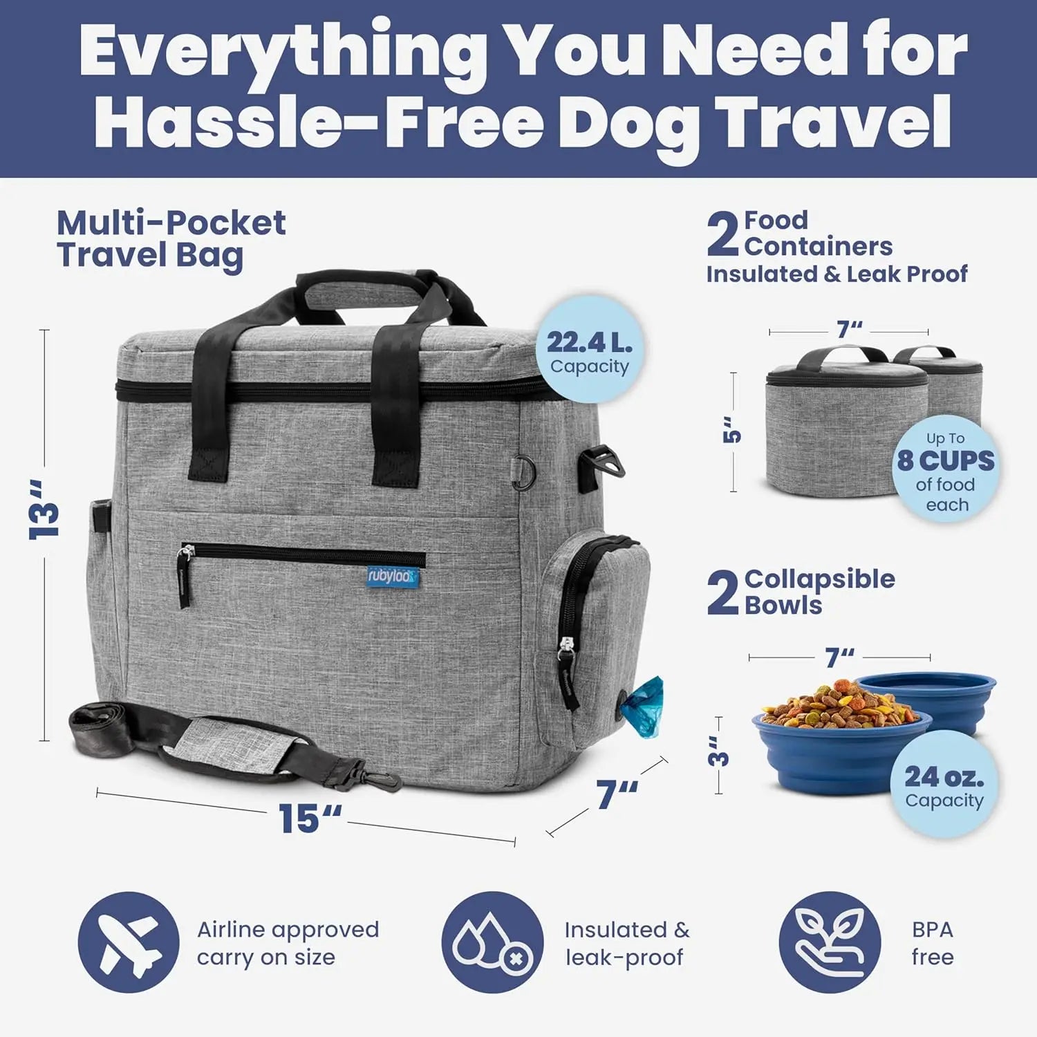 Dog Travel Bag with Collapsible Bowls & Food Containers - Grey, Perfect Gift for Pet Owners