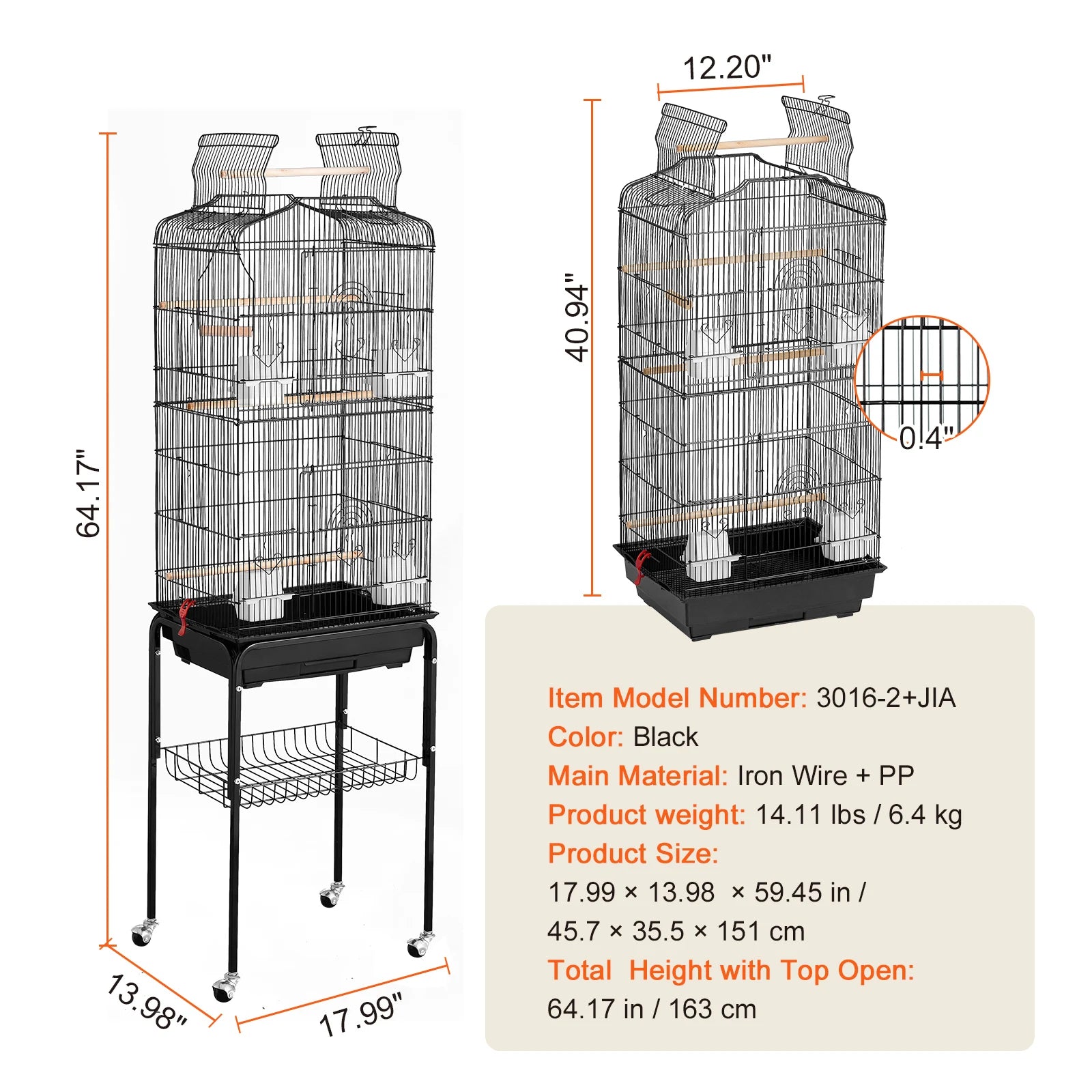 Open Top Large Bird Cage with Swing and Perch