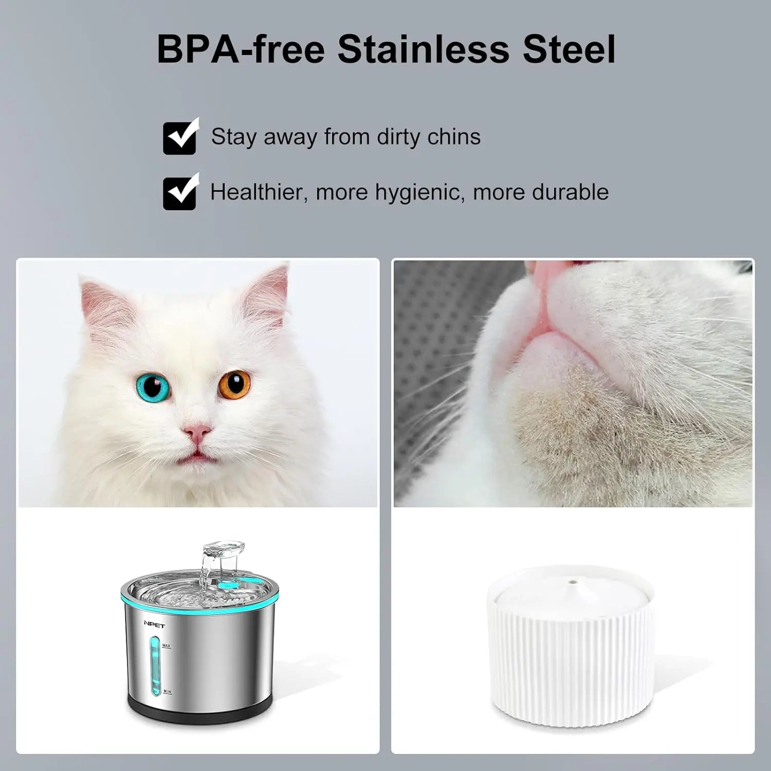 Cat Water Fountain. Stainless Steel, 50oz/1.5L, Dishwasher Safe. Pet Water Fountain with Visible Window Light for Cats