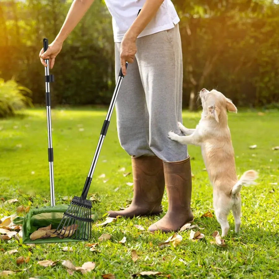 Dog Pooper Scooper with Extra Large Stainless Metal Poop Tray, Long Handle Rake Scoop for Easy Waste Cleanup