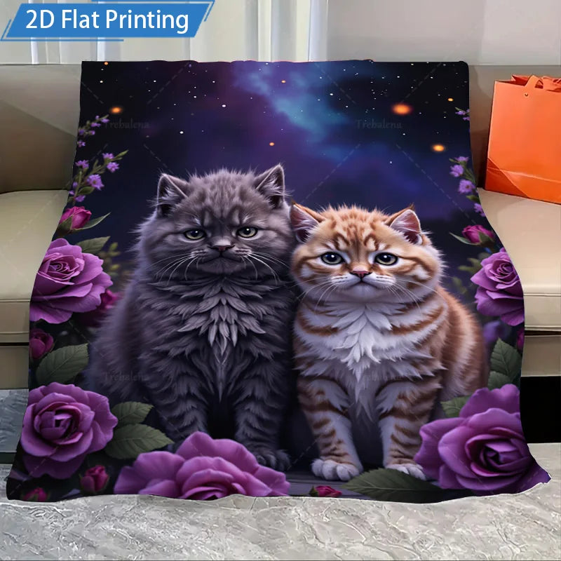 1pc Flannel Blanket with Cute Cats and Purple Roses over a Night Sky. Cozy Soft Bed Throw Cover for Home Decor