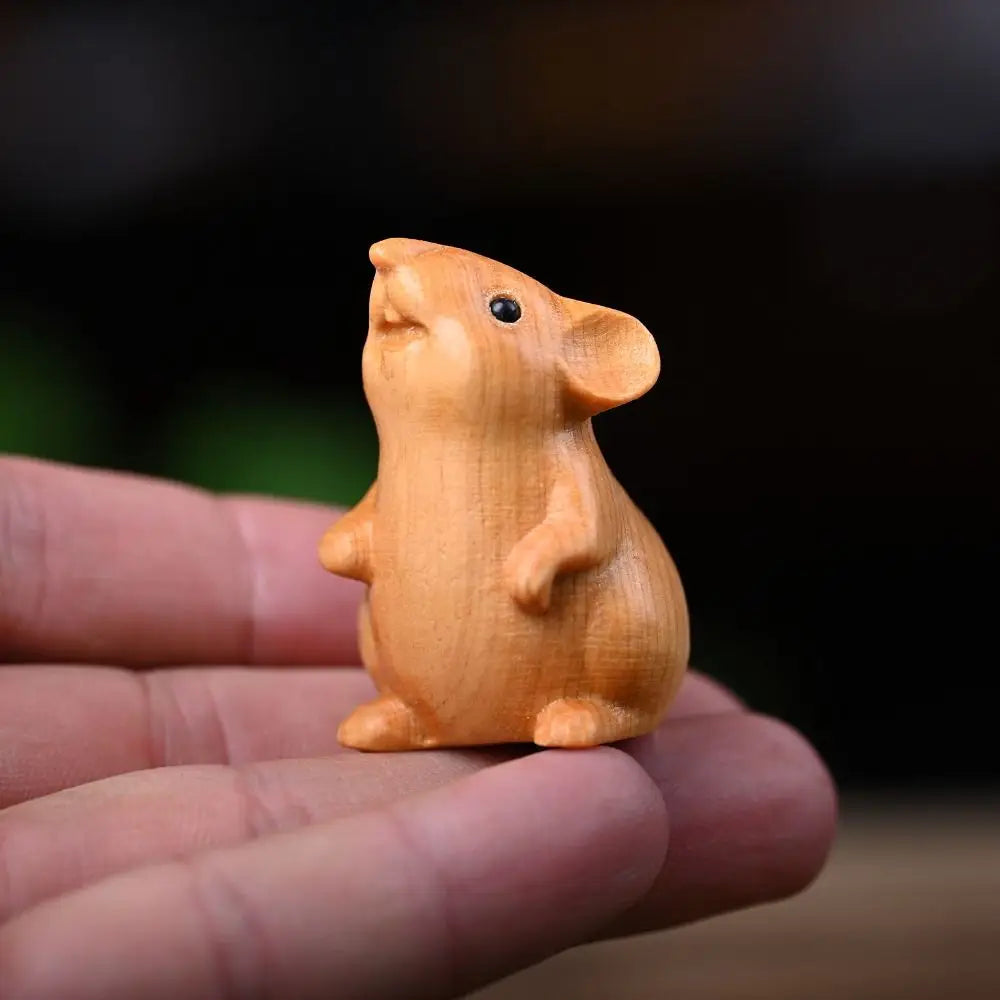 Wood Carved Zodiac Mouse Statuette. Cute Decorative Hamster Statue