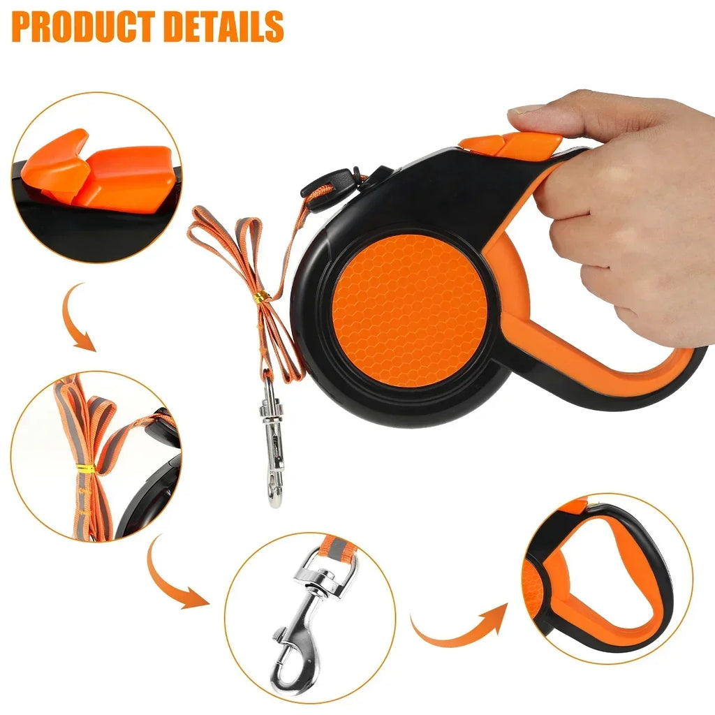 Retractable Dog Lead. Heavy Duty Pet Walking Leash with Strong Reflective Tape. Non-Slip Handle. For Small Medium Large Dogs