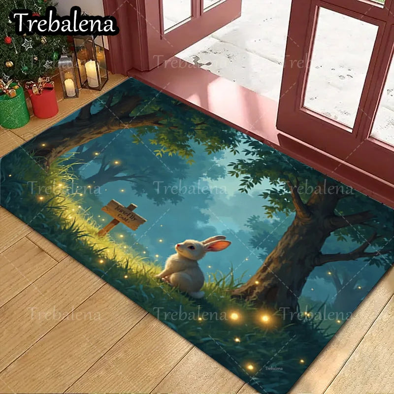 1pc Welcome Door Mat with Enchanted Forest and a Rabbit. Welcome Mat For Home Decor