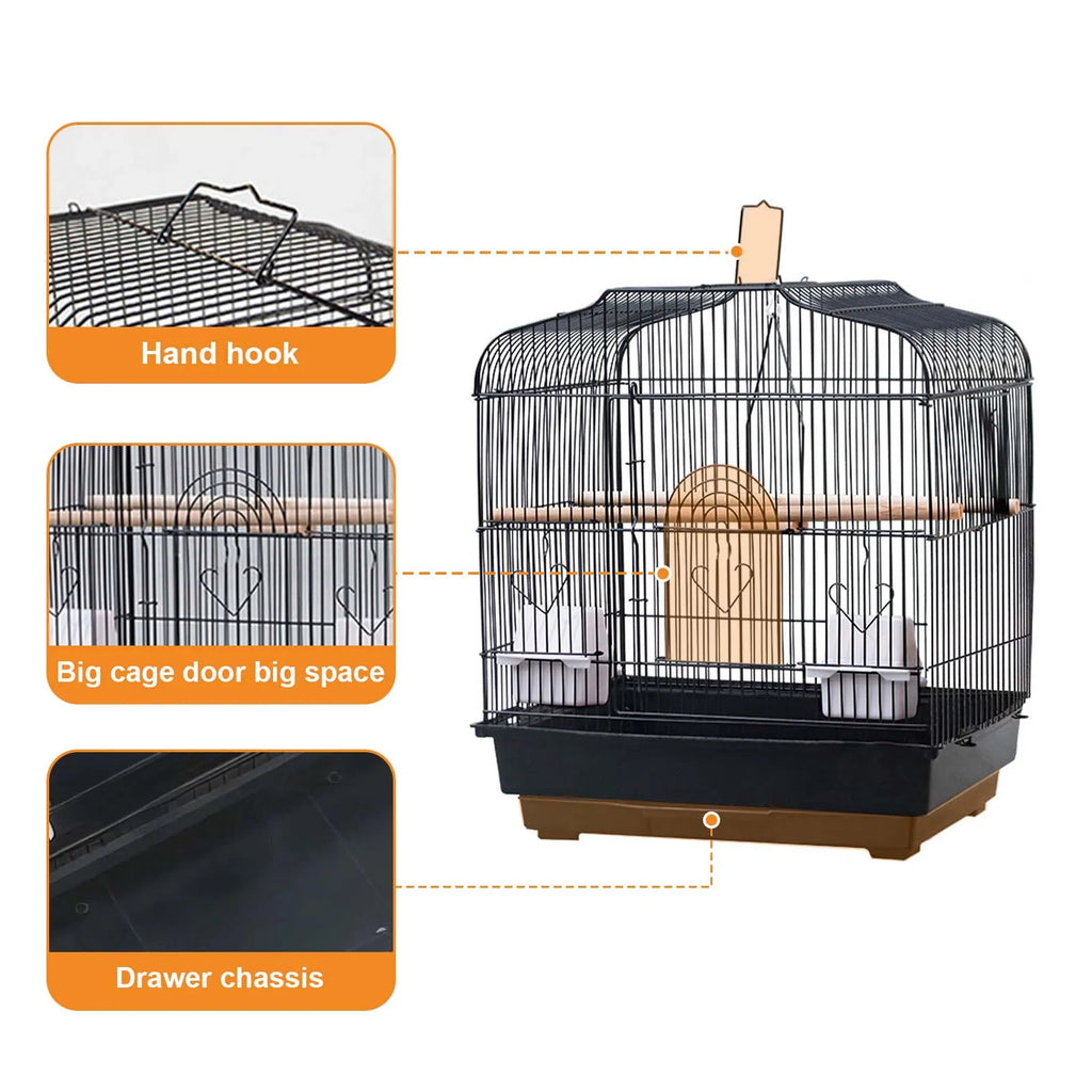 Bird Cage With Handle, Standing Pole, Food Container and Swing