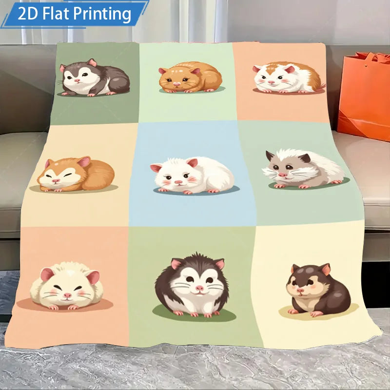 1pc Flannel Blanket with Cute Hamster Print Fleece Blanket. Soft Cozy Throw for Bed, Couch, Living Room or as a Gift