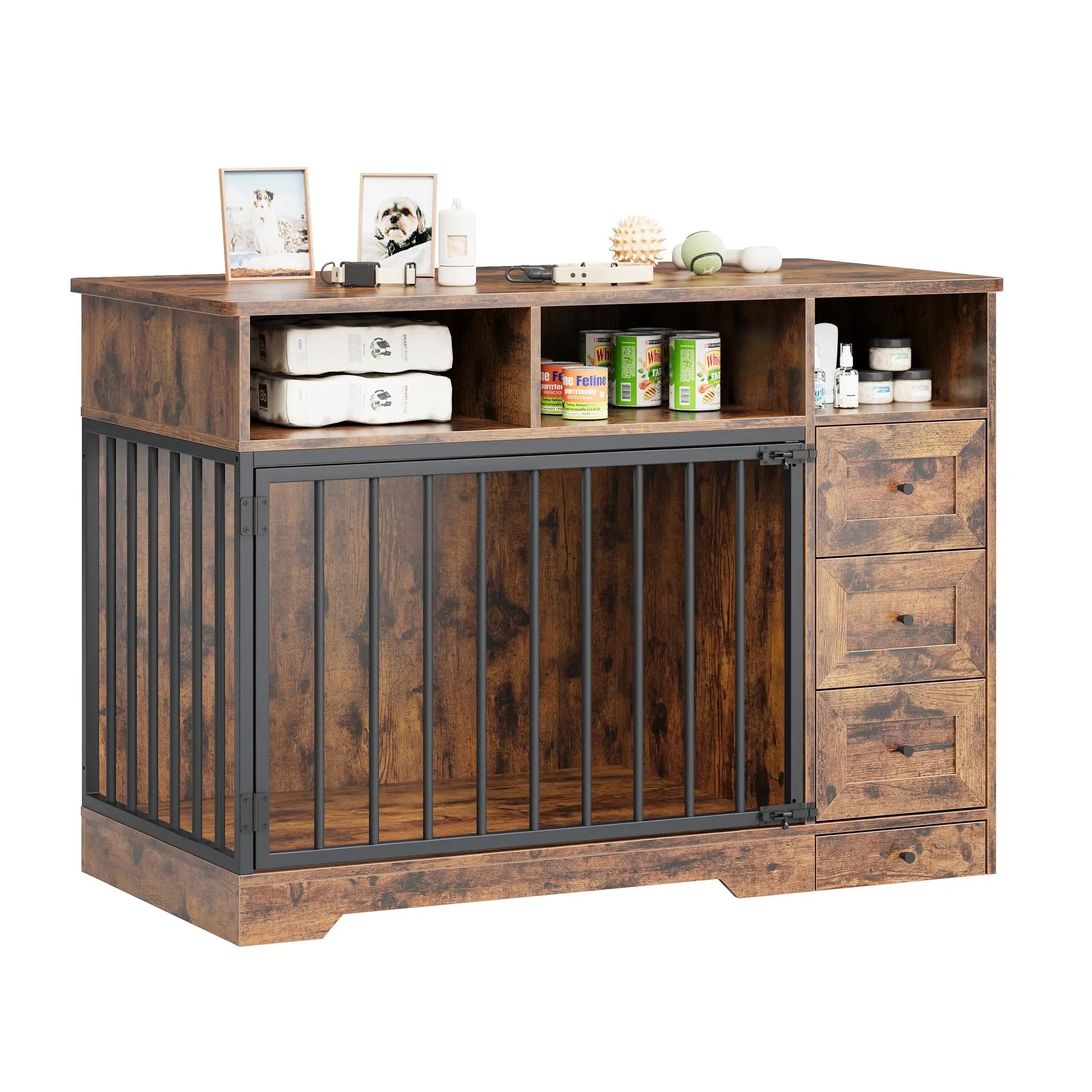 48 Inch Large Farmhouse Wooden Dog Crate Furniture With 6 Storage Drawers