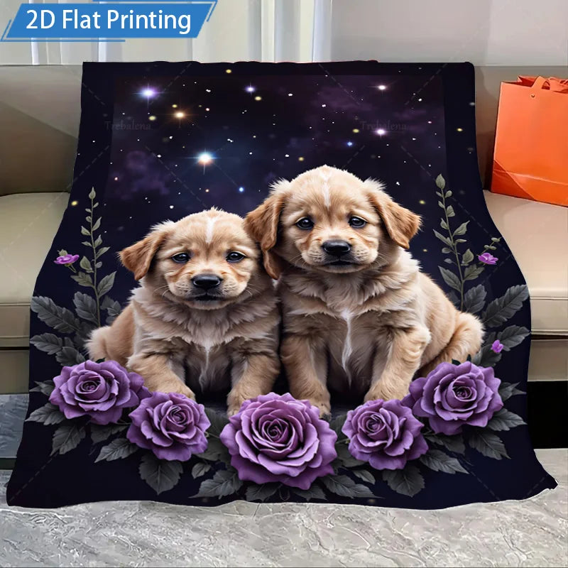 1pc Flannel Blanket with Cute Cats and Purple Roses over a Night Sky. Cozy Soft Bed Throw Cover for Home Decor