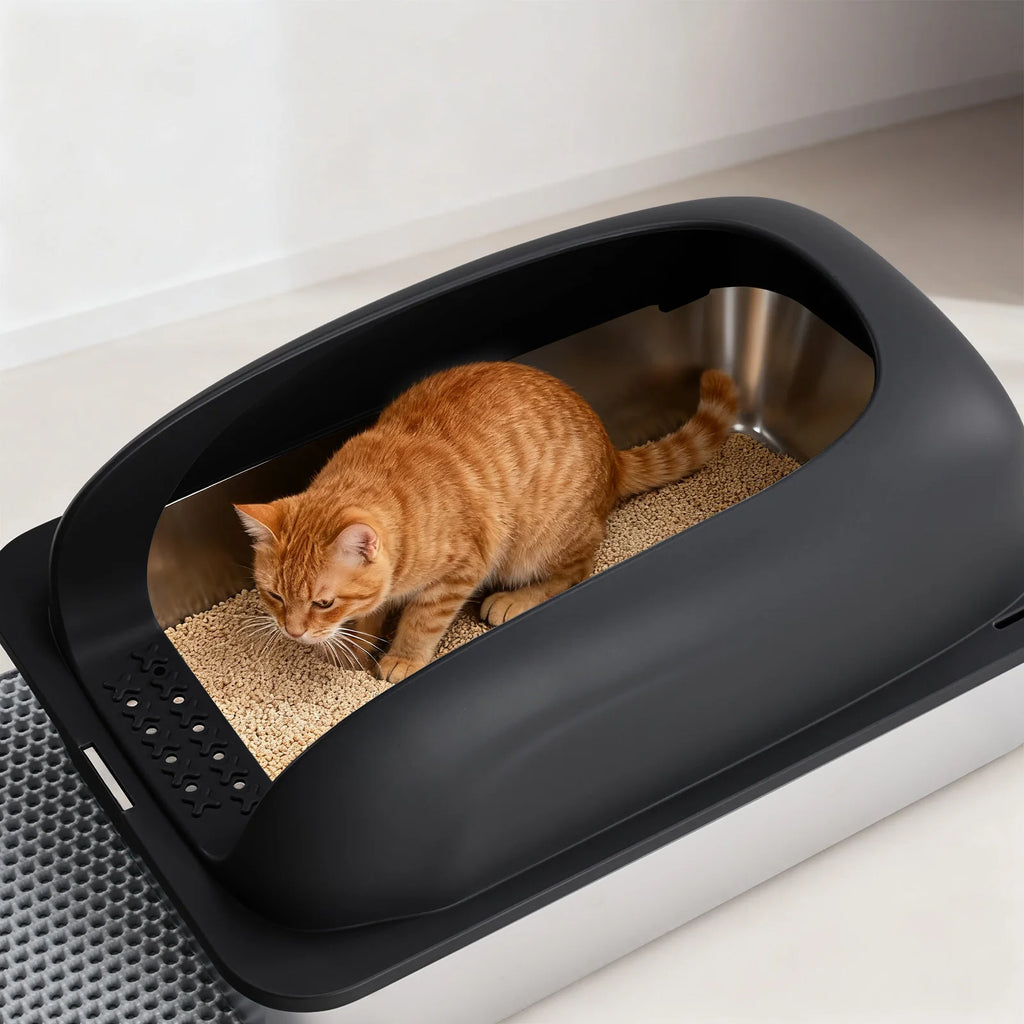 Stainless 24IN Steel Cat Litter Box with Lid. Anti-Urine Leakage, Scoop and Mat Included
