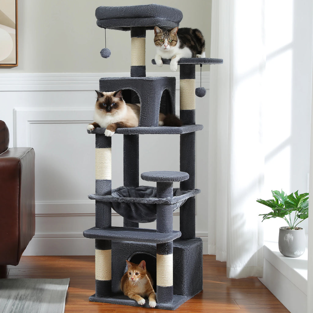 6-levels Cat Tree Tower with Joyful Pompom, Cozy Hammock, Double Condos, 2 Top Perches, 5 Scratching Posts. Perfect for Indoor Cats
