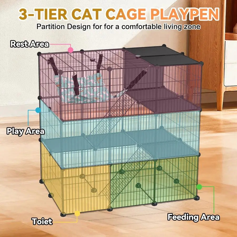 Cage, 3Tier DIY Cat Enclosures. Cat Playpen Indoor and Outdoor with Hammock. Detachable Metal Wire Kennel