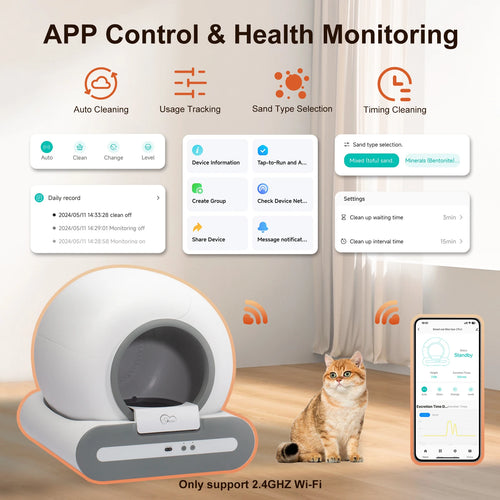 65L Self-Cleaning Cat Litter Box that is App Control. ONLY Supports 2.4G WiFi