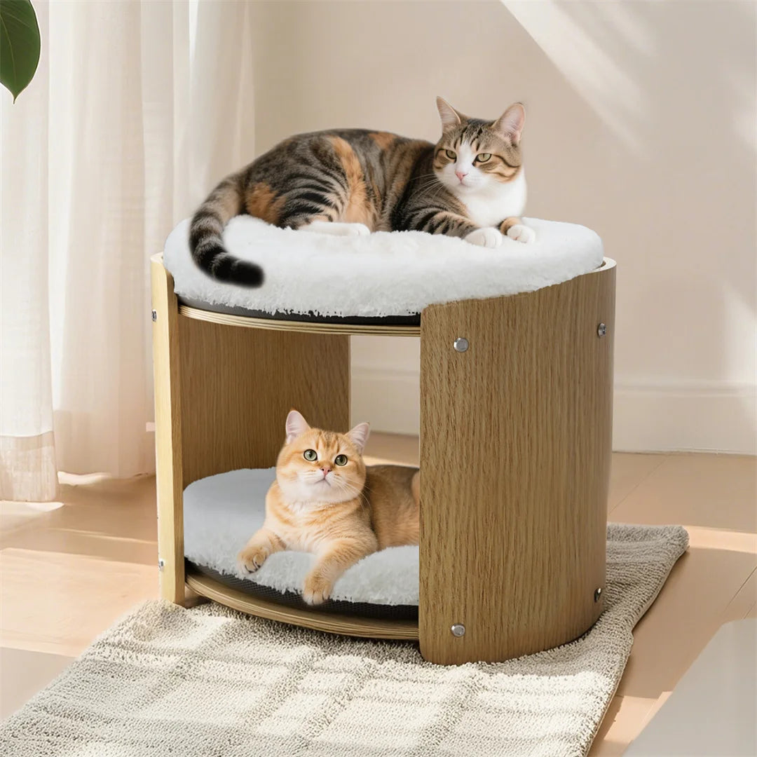 2-Layer Wood Cat Sofa. Double Cat Tower, Pet Bed Furniture with Removable Washable Thicker Soft Plush Mats