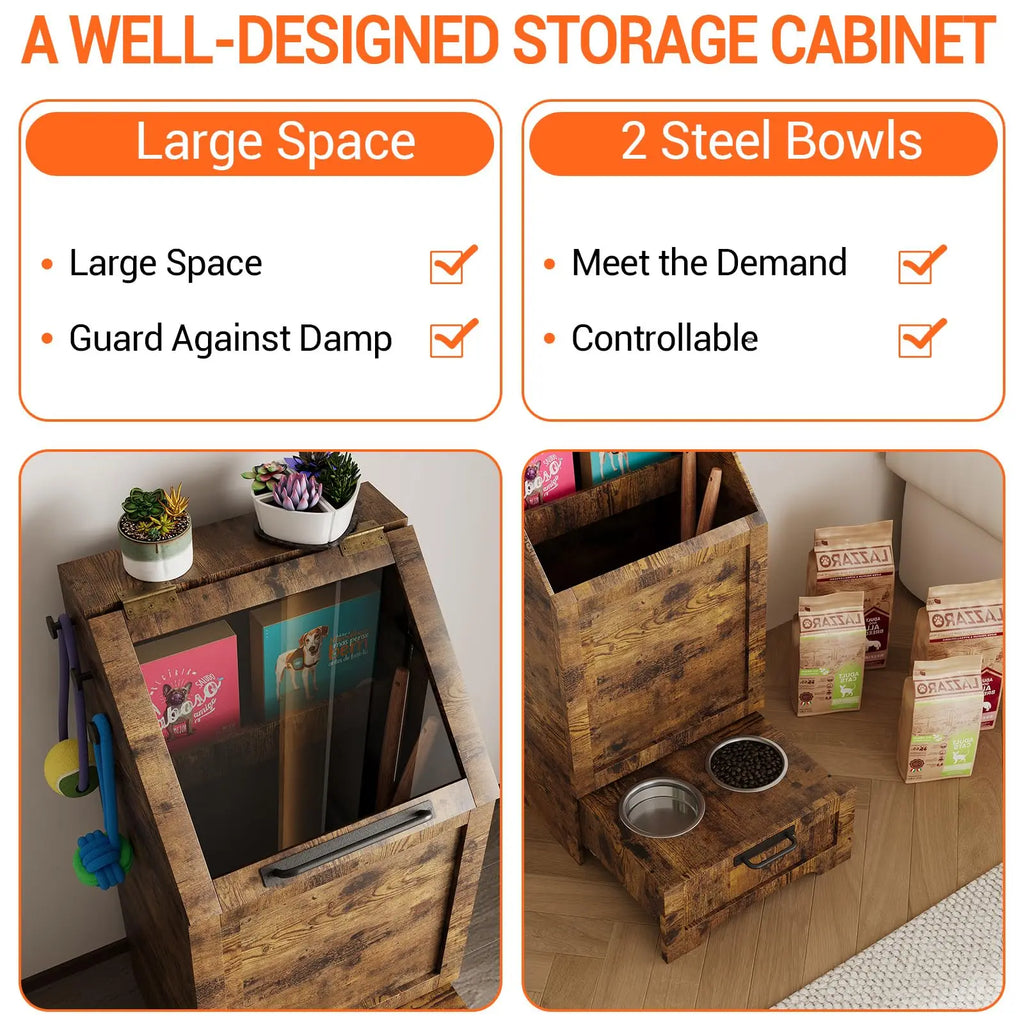 Large Dog Food Storage Cabinet with Flip Top - Pet Feeding Station & Organizer w/Transparent Lid, Side Hooks for Leashes