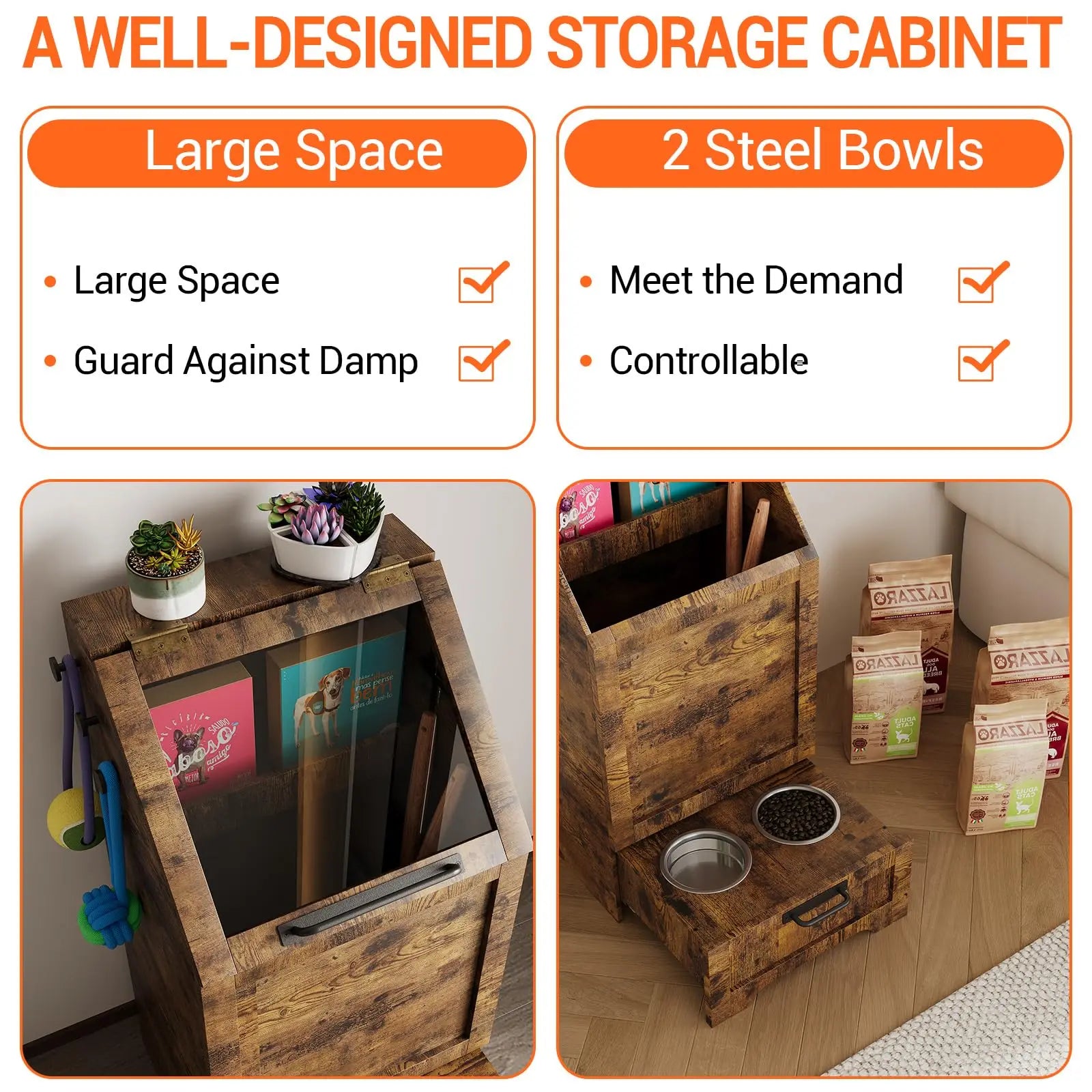 Large Dog Food Storage Cabinet with Flip Top - Pet Feeding Station & Organizer w/Transparent Lid, Side Hooks for Leashes