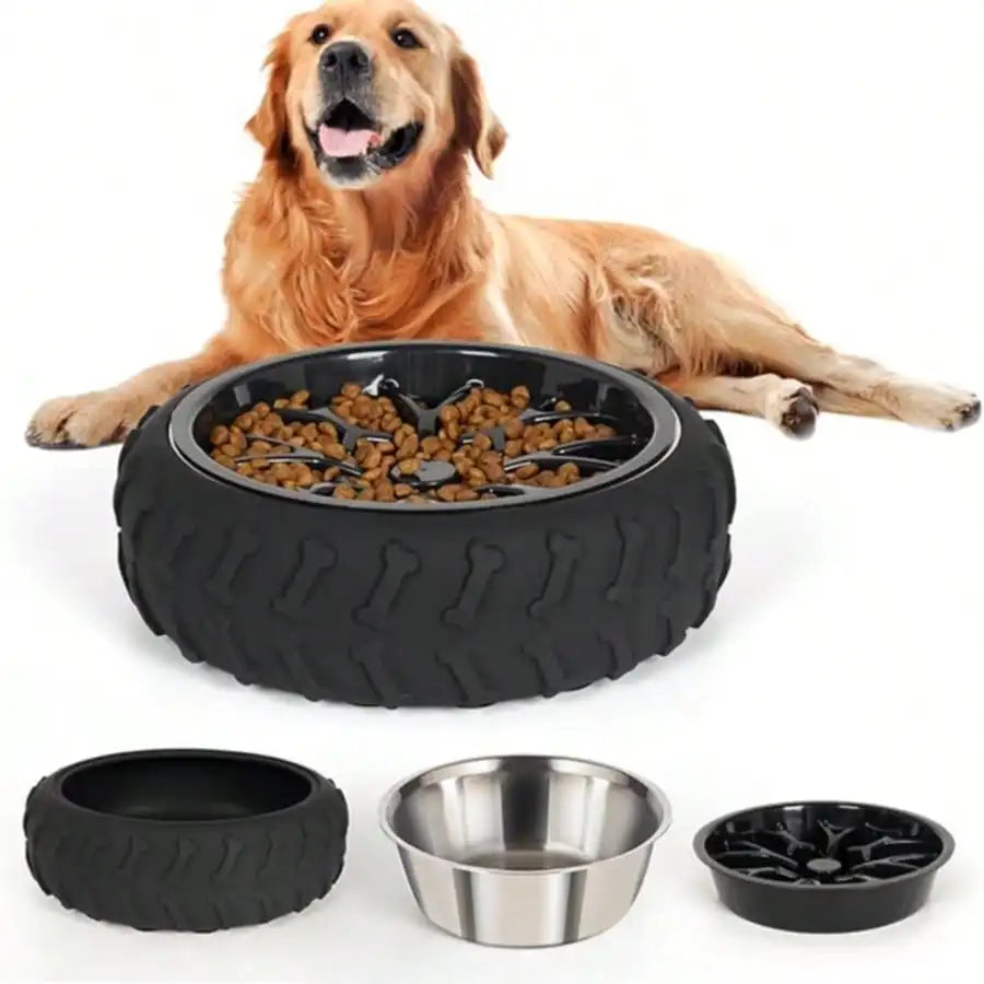 3-in-1 Stainless Steel Slow Feed Dog Bowl - Non-Slip Suction Cup Feeder