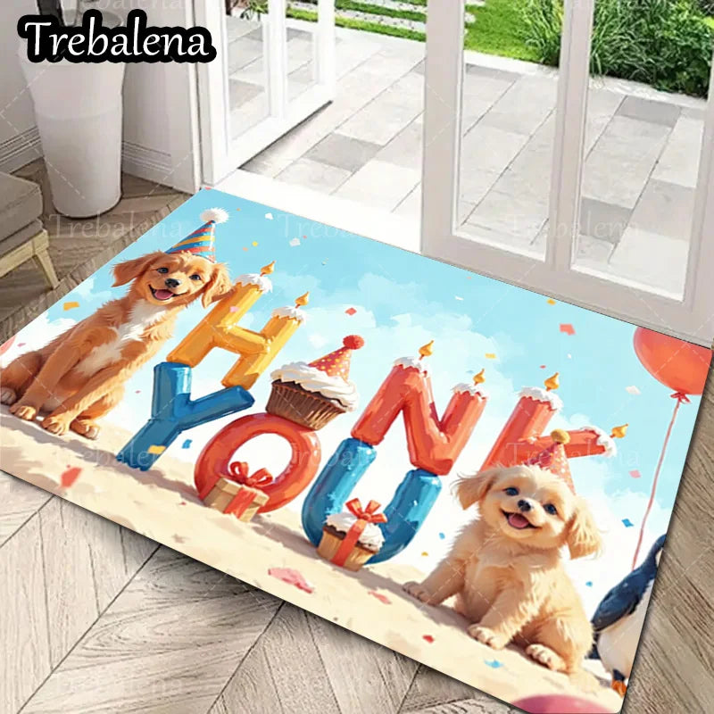 1pc Welcome Door Mat with avCute Puppy Birthday Party. Decorative Floor Mat for Home Entrance