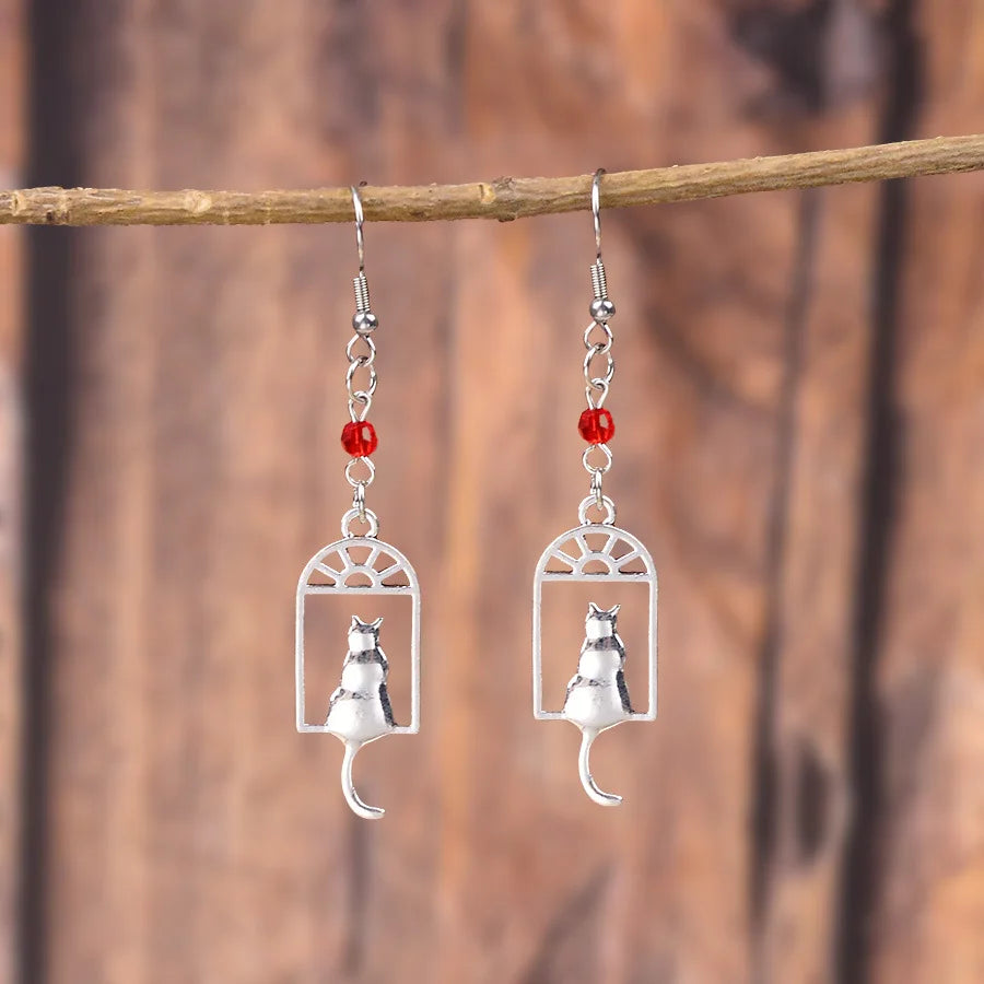 Unique and Exquisite Cat Pendant Earrings with an Elegant and Graceful Vibe, Vintage-Style Hollow Design