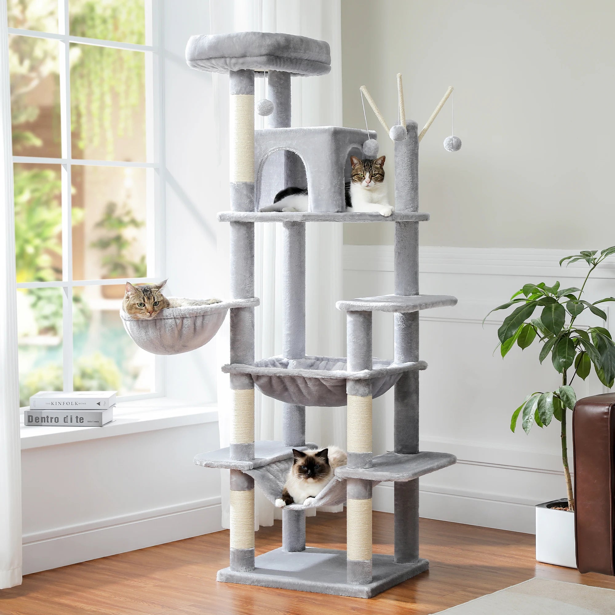 Large Tall Cat Tree for Indoor Cats. Multi-Level Plush Cat Condo with Scratching Posts, Scratching Boards, Perches and Caves