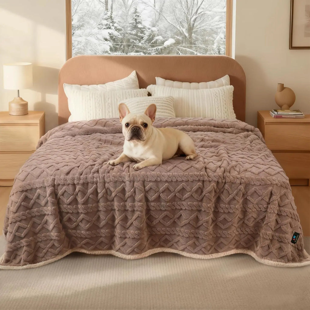 Waterproof Pet Blanket for Sofa, Bed, Reversible Sherpa Fleece Furniture Protector for Dogs and Cats. Khaki Queen Size (90" x 82")
