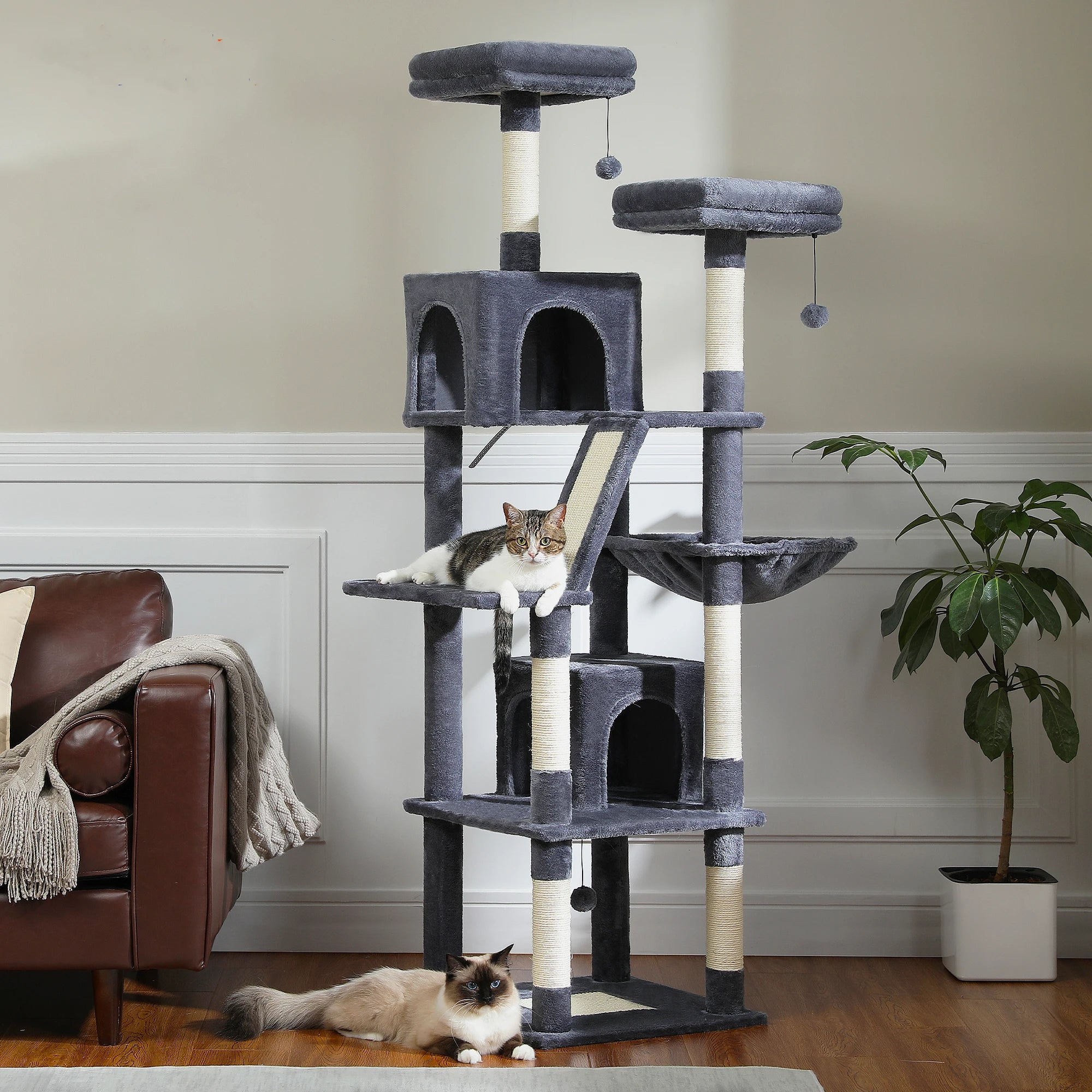 Large Tall Cat Tree for Indoor Cats. Multi-Level Plush Cat Condo with Scratching Posts, Scratching Boards, Perches and Caves