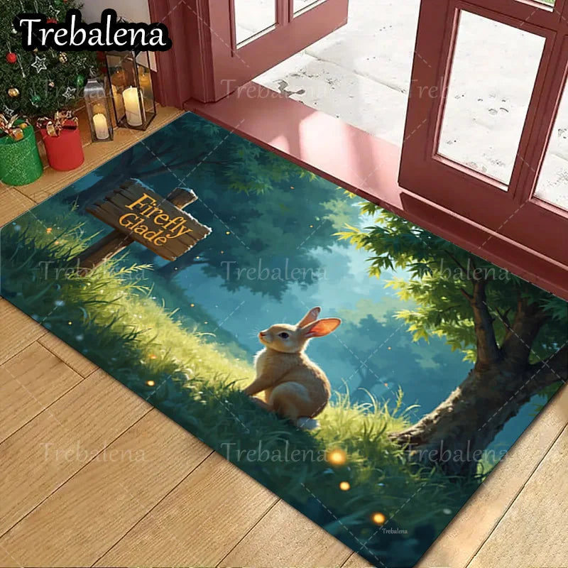 1pc Welcome Door Mat with Enchanted Forest and a Rabbit. Welcome Mat For Home Decor