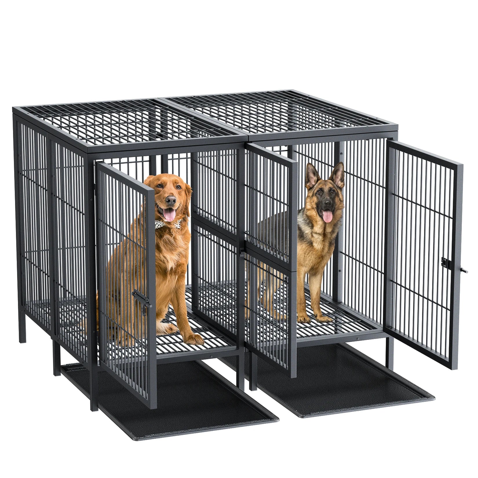 XXXL Large Heavy Duty Raised Dog Metal Crate. Pet Playpen Kennel Partition for 2 Dogs Double Door Tray Divider