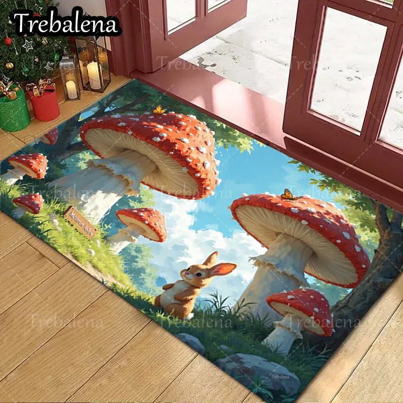 1pc Welcome Door Mat with Enchanted Forest and a Rabbit. Welcome Mat For Home Decor