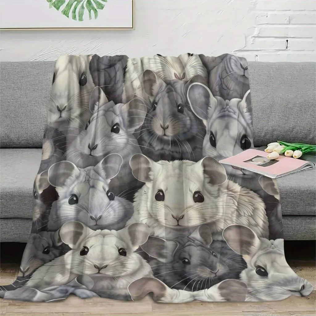 Gray Hamster Pattern Flannel Blanket - Soft and warm, suitable for sofa, bed, camping, and as a holiday gift for boys and girls