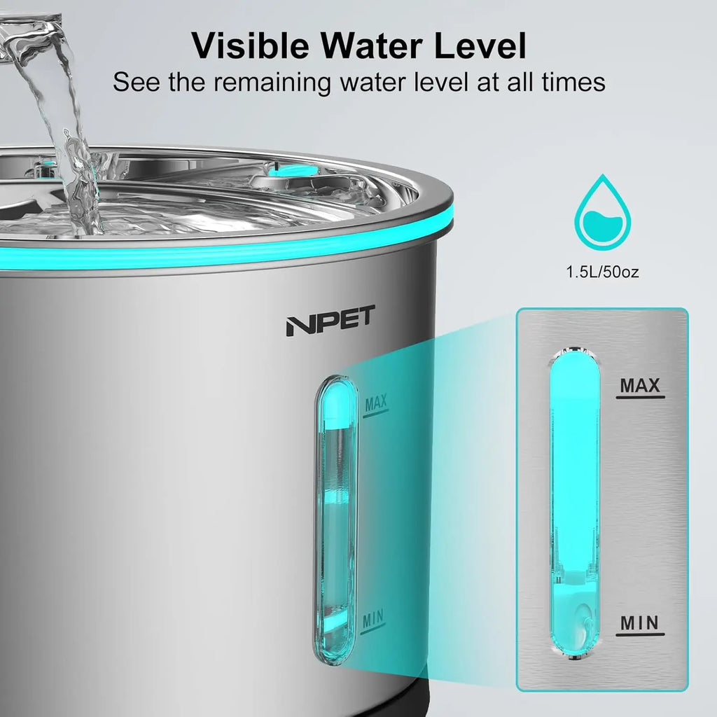 Cat Water Fountain. Stainless Steel, 50oz/1.5L, Dishwasher Safe. Pet Water Fountain with Visible Window Light for Cats