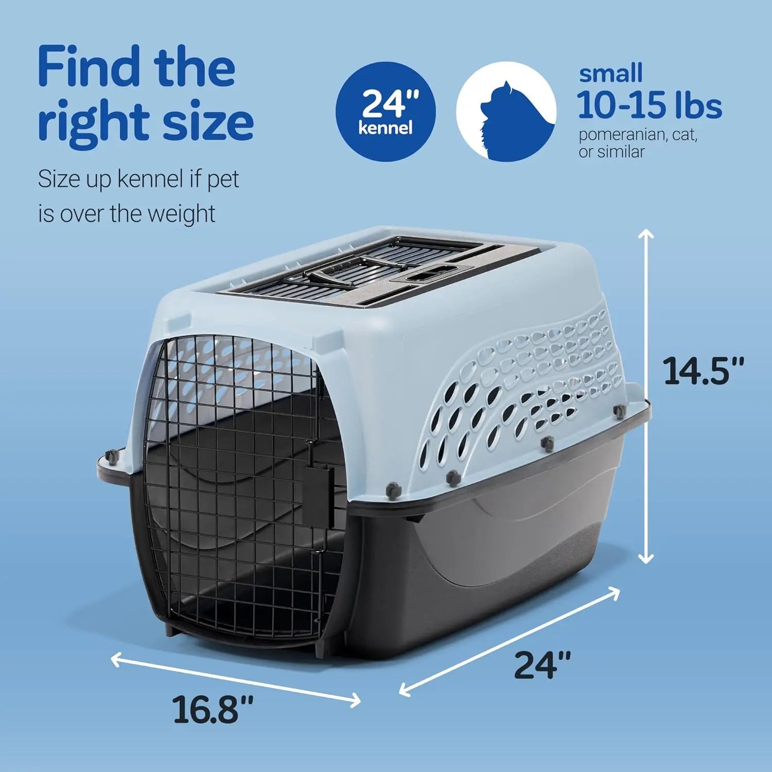 Two-Door Plastic Pet Kennel for Small Dogs & Cats, Top & Front Loading, Airline-Approved, 24" Blue