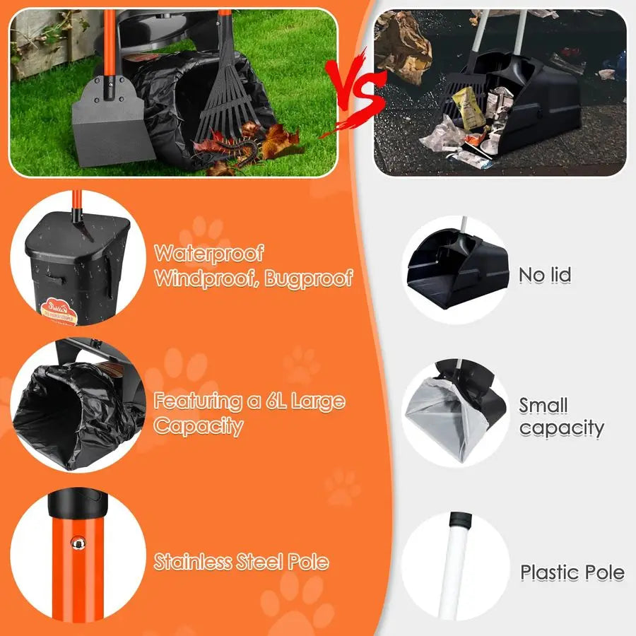 Dog Pooper Scooper with Adjustable Handle Metal Swivel Bin, Rake and Spade Kit with 20 Waste Bags