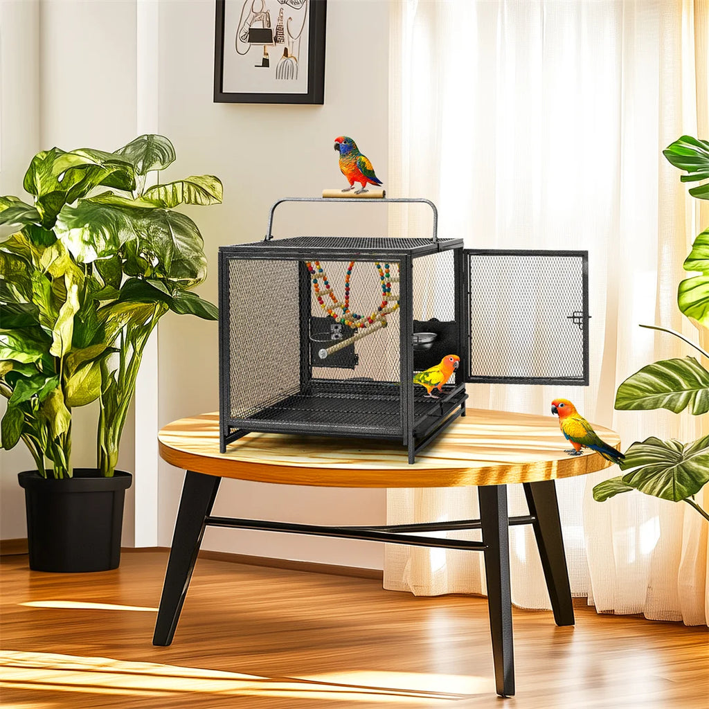 Portable  Bird Cage and Playpen. Travel Carrier with Hammock Toy and Removable Tray