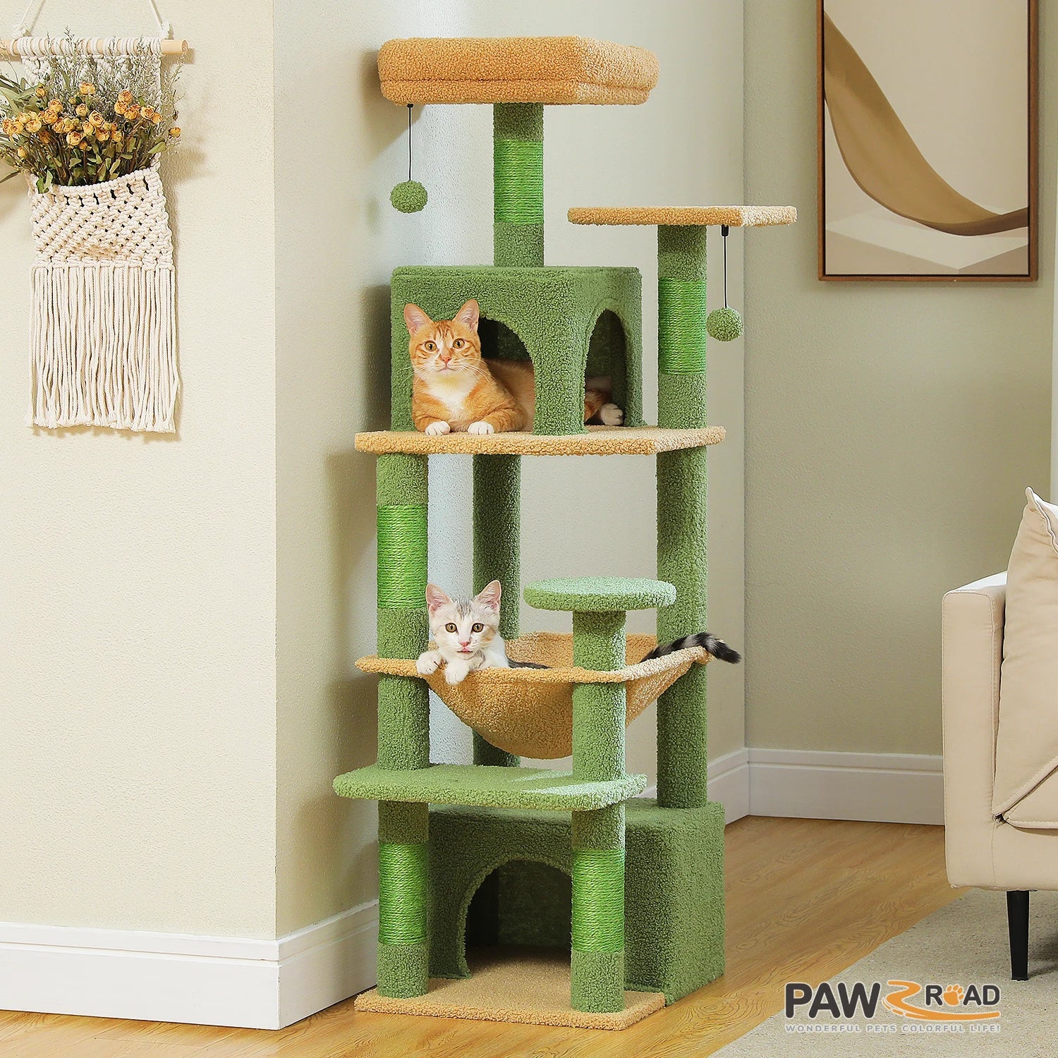 6-levels Cat Tree Tower with Joyful Pompom, Cozy Hammock, Double Condos, 2 Top Perches, 5 Scratching Posts. Perfect for Indoor Cats