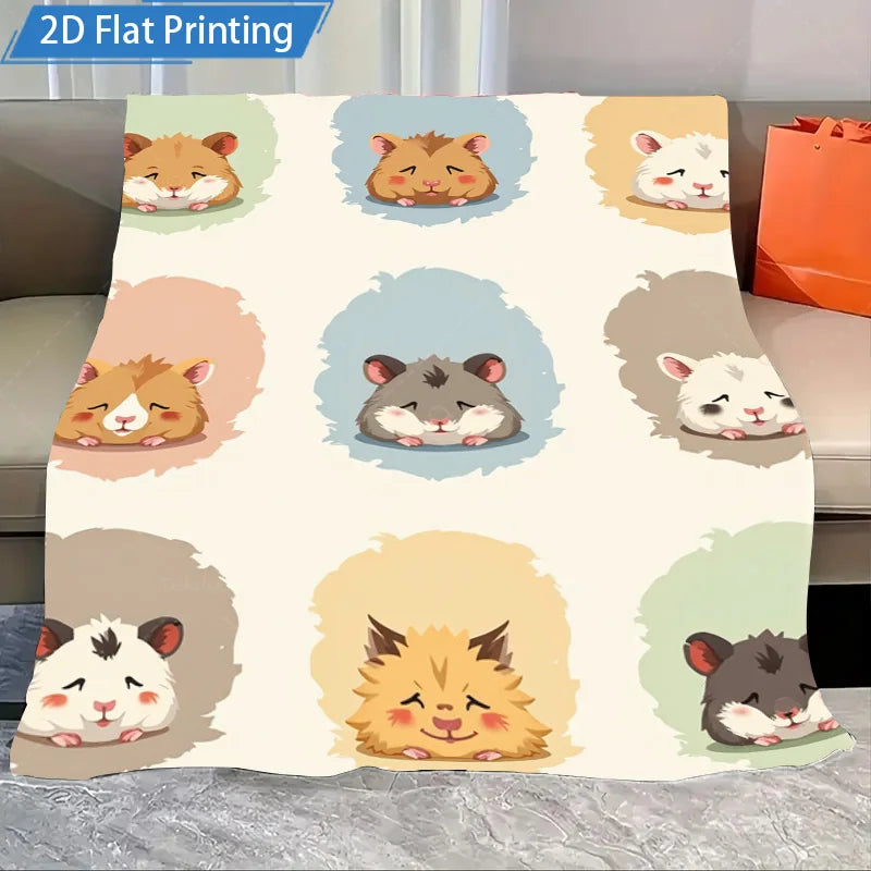1pc Flannel Blanket with Cute Hamster Print Fleece Blanket. Soft Cozy Throw for Bed, Couch, Living Room or as a Gift
