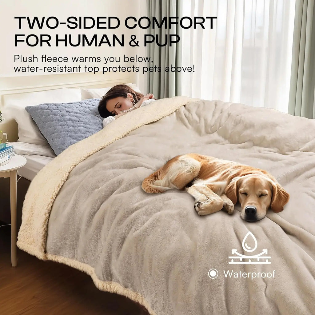 Waterproof Pet Blankets for Dogs and Cats. Reversible Sherpa Fleece Furniture Protector. Dark Beige King Size (100" x 85")
