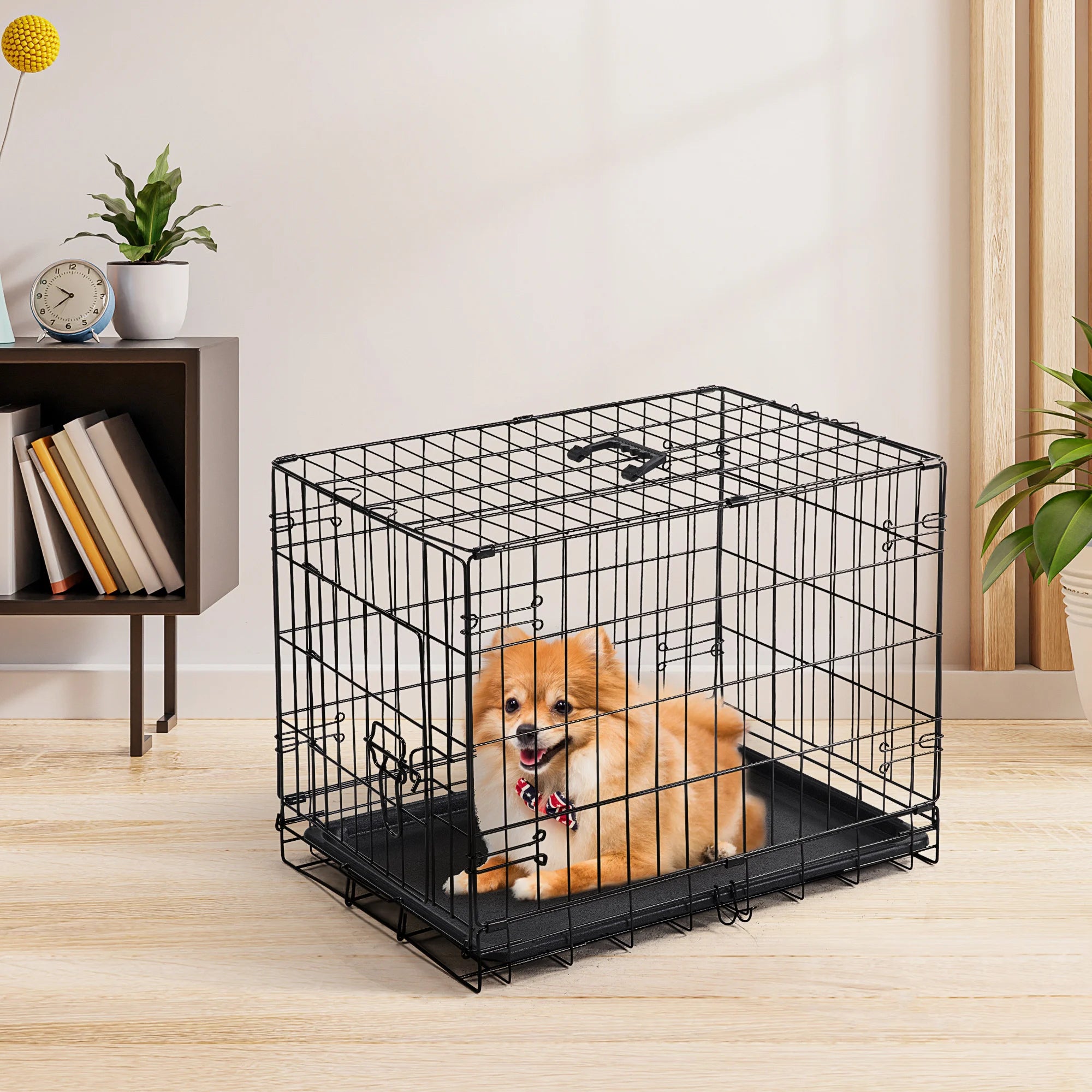 Single Door 30 Inch Folding Metal Wire Dog Crate with Plastic Leak-Proof Pan